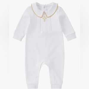 White and Gold Cross 3-6 Month Infant Baby One Piece for Baptism
